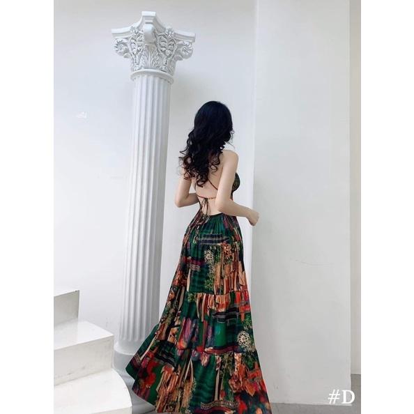 Đầm maxi thổ cẩm hai dây hở lưng đi biển có mút ngực 2 màu