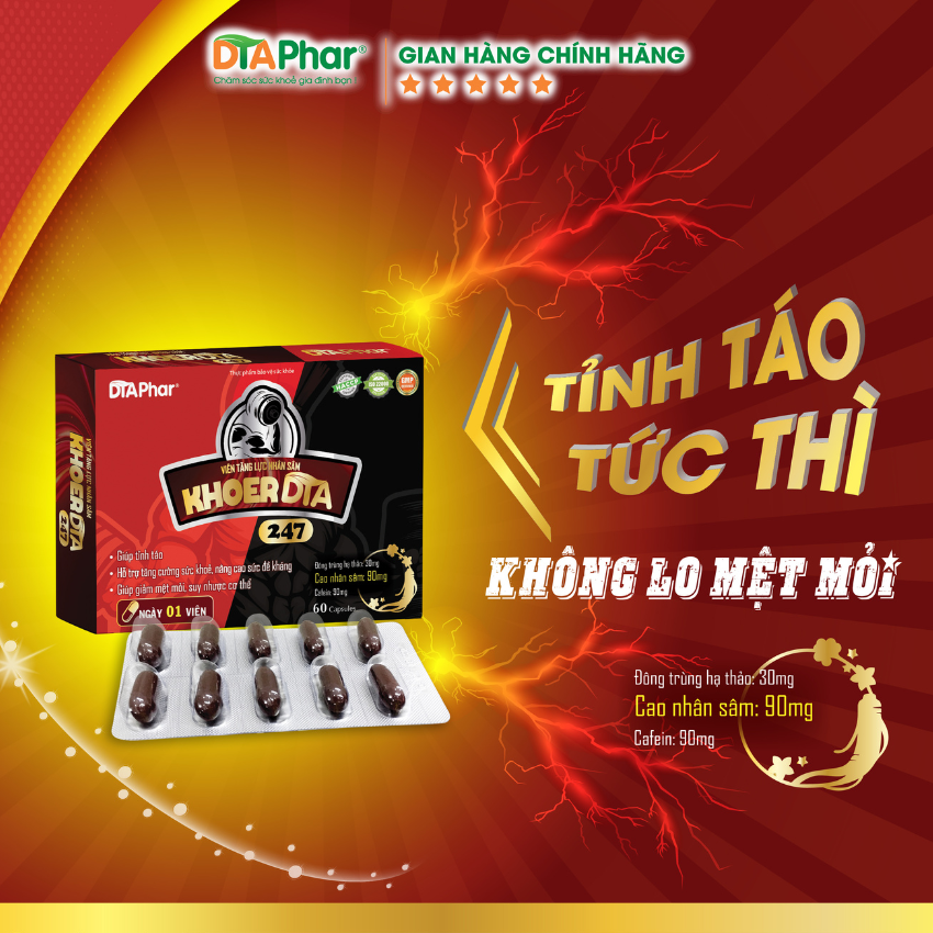 Viên uống tăng lực nhân sâm KHOERDTA 247 hỗ trợ ăn ngon ngủ ngon giảm mệt mỏi suy nhược cơ thể và giúp tỉnh táp Hộp 60 viên Tâm An Pharma