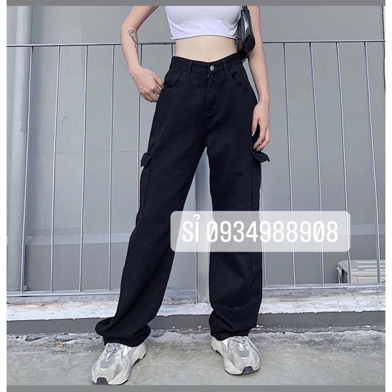 () Quần bò nữ ống rộng túi hộp màu đen thời trang