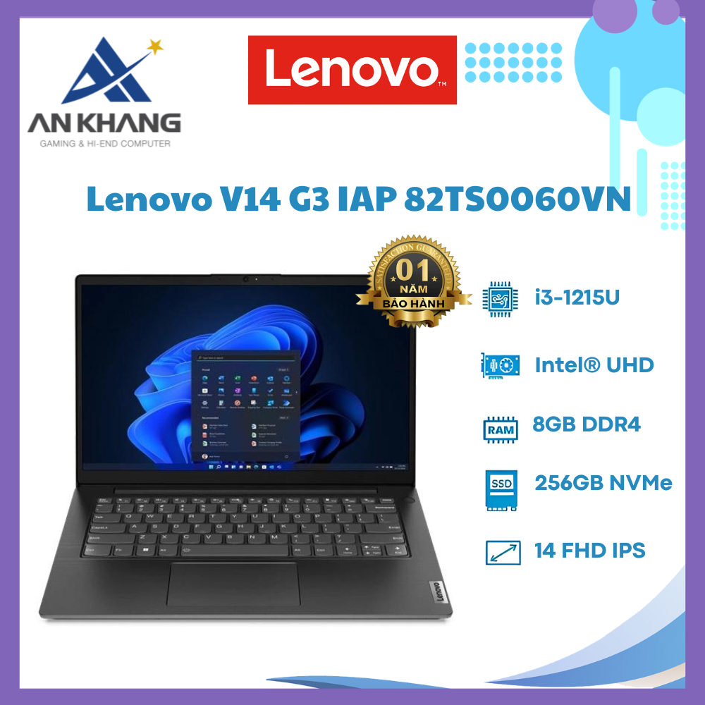 Laptop Lenovo V14 G3 IAP | Đen | Intel Core i3-1215U | RAM 8GB | 256GB SSD | Intel UHD Graphics | 14 inch FHD | 2Cell | No OS | 1Yr - Hàng Chính Hãng - Bảo Hành 12 Tháng