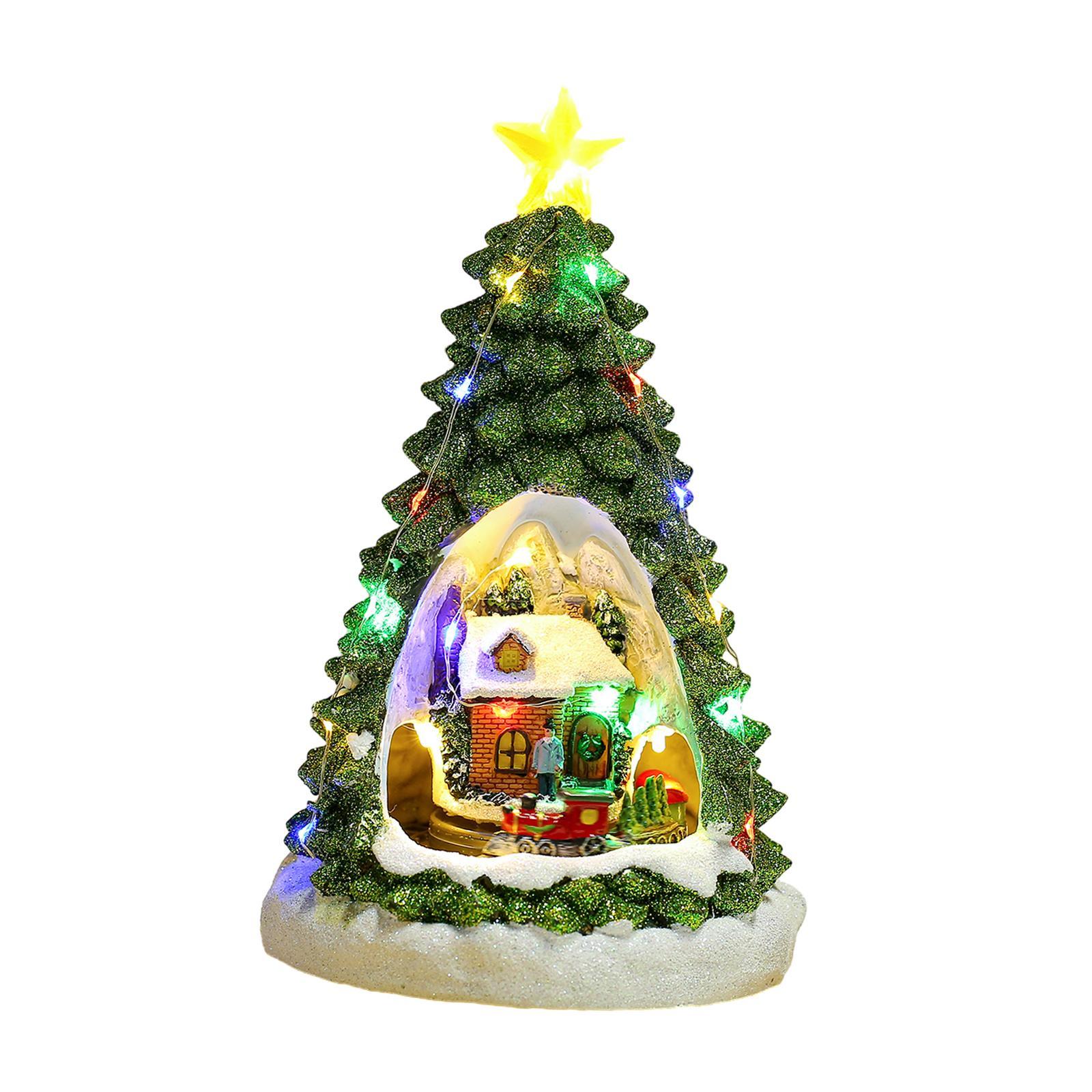 Christmas Tree Glowing House Holiday House Xmas Music Ornament Rotating Train Figurine Statue for Home Living Room Decoration