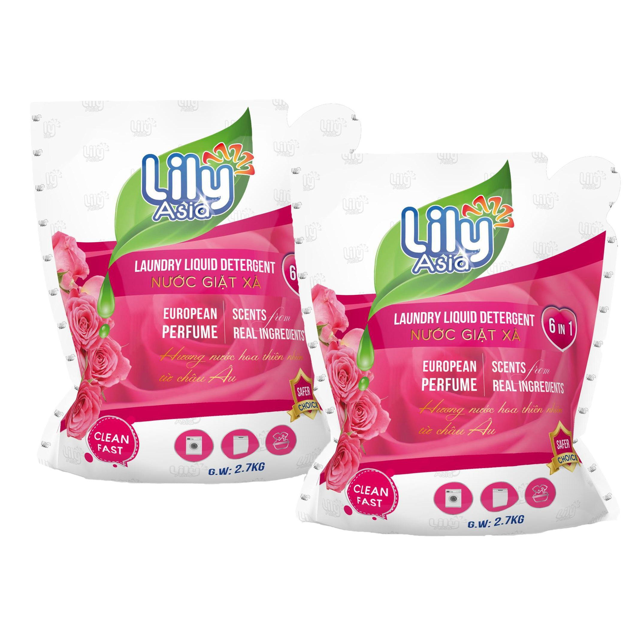 Combo 2 túi Nước Giặt Xả Lily Asia (2,7 Kg / túi ) - Hương Hoa Hồng ( Bulgarian Rose)