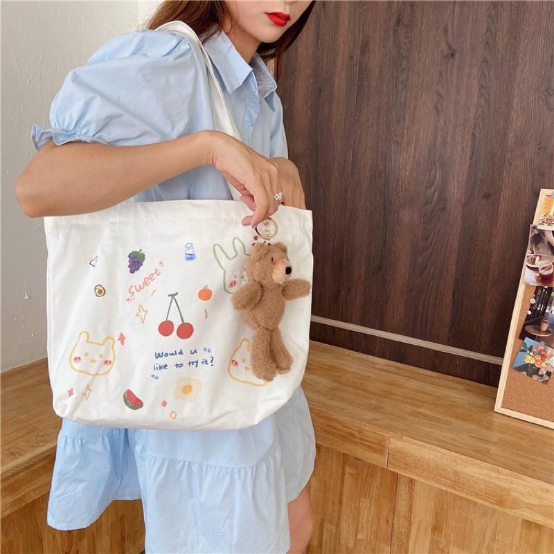 Túi Tote Túi Vải Canvas đeo vai Hình thú phong cách Hàn Quốc Cute có dây kéo và ngăn phụ