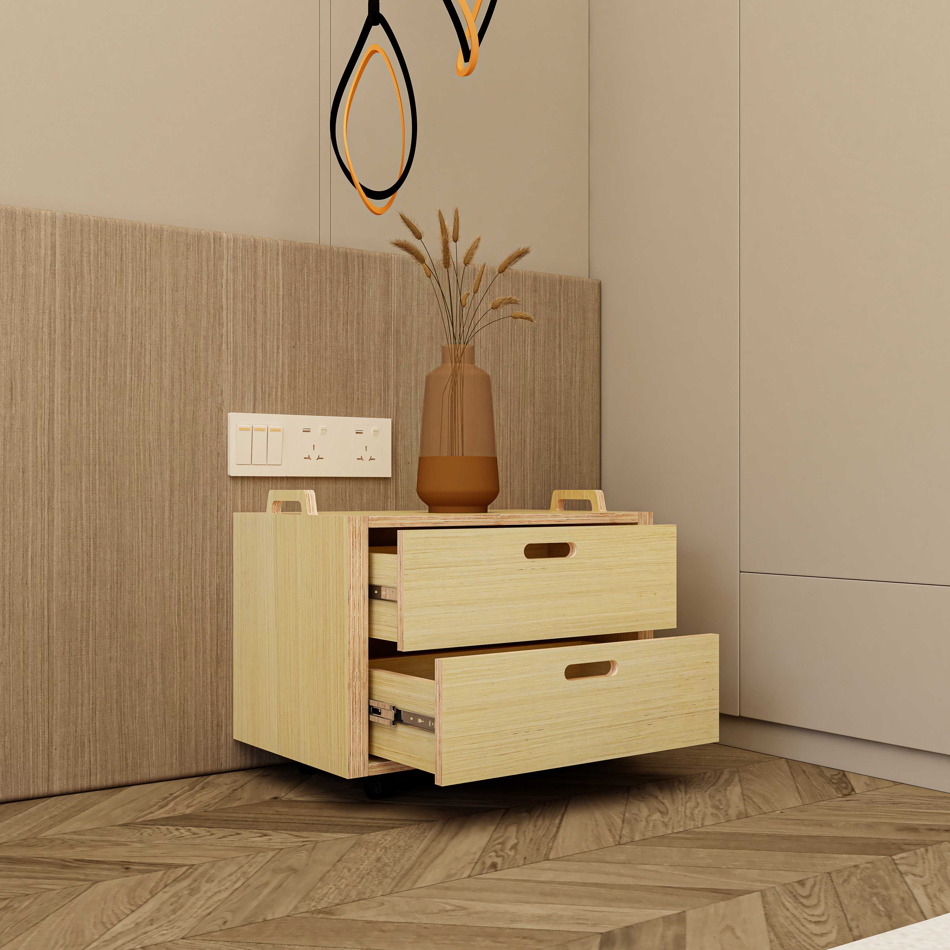 HAPPY FURNITURE , Gỗ tự nhiên , Tủ lưu trữ 2 ngăn kéo gỗ Plywood - GAMOR , THK_203 , 60cm x 40cm x 50cm DxRxC