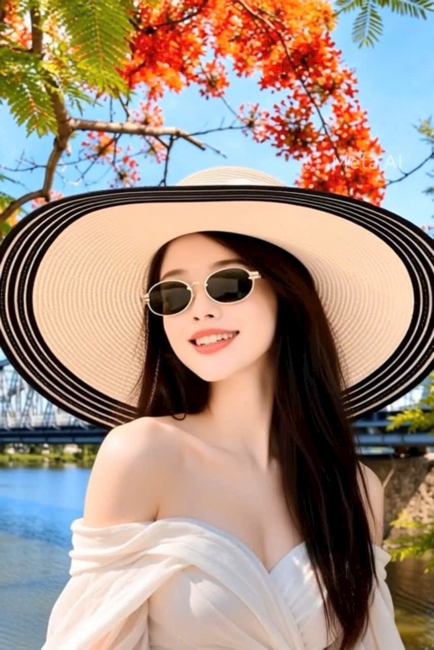 Mũ đi biển cho nữ phối hoa viền sọc, nón nữ vành rộng du lịch dã ngoại chống nắng chụp hình xinh thời trang Korea dona230626