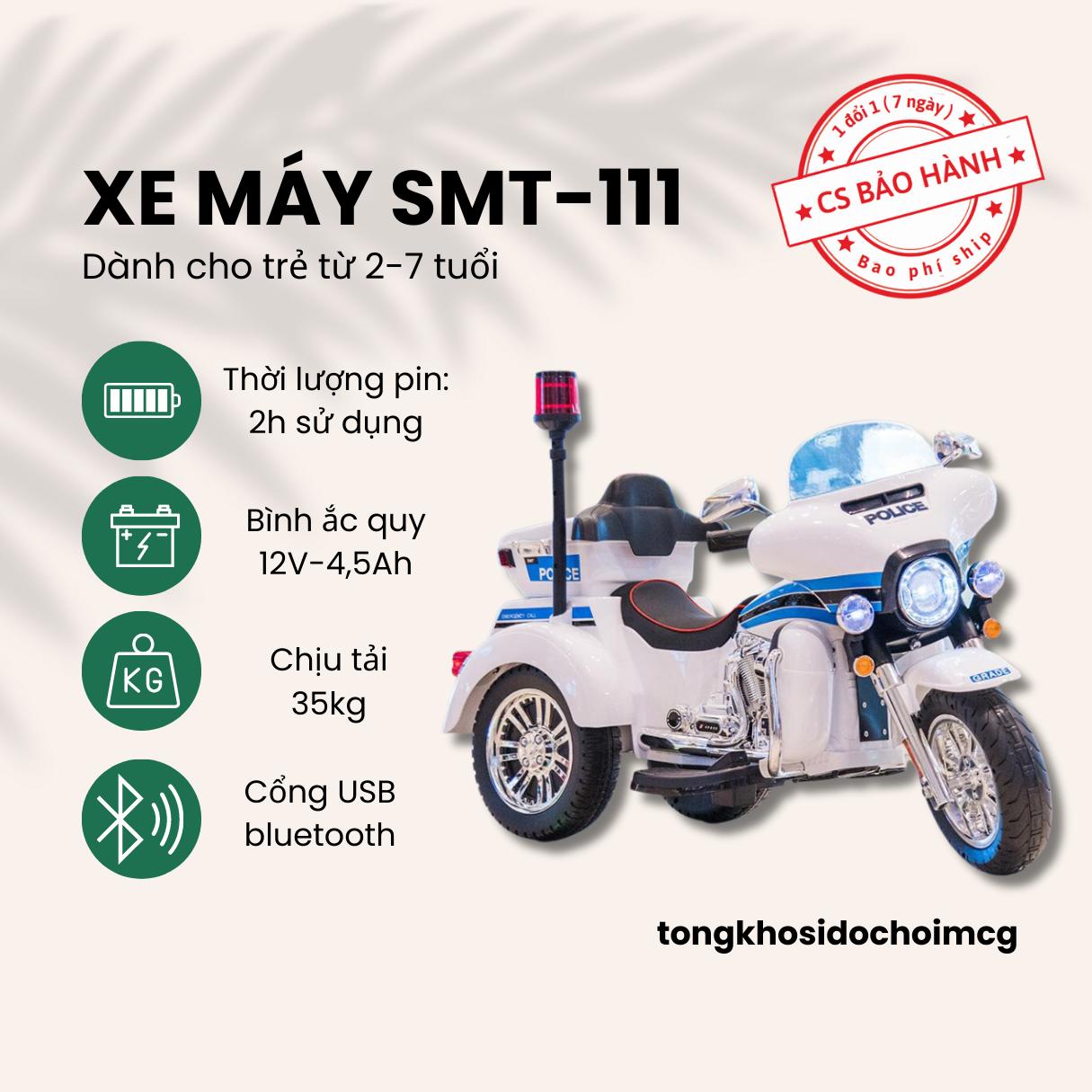 Xe máy điện cảnh sát dành cho trẻ em Mã SMT-111, có hú còi và bộ đàm siêu sịn