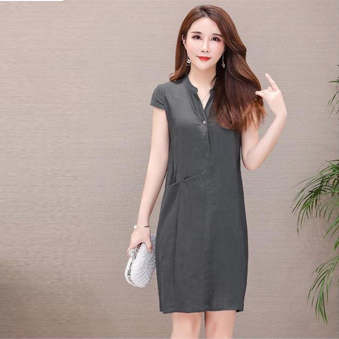 Đầm suông linen cổ bộ trụ, thời trang phong cách Hàn Quốc