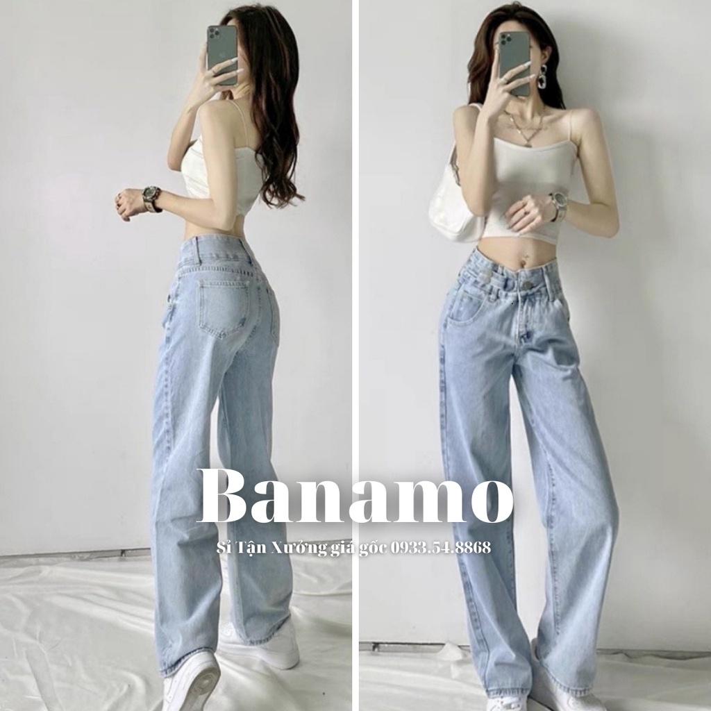 Quần jean nữ ống rộng cạp cao phối móc khóa cực chất thời trang Banamo Fashion jean nữ ống rộng phối kiểu móc khóa 9611