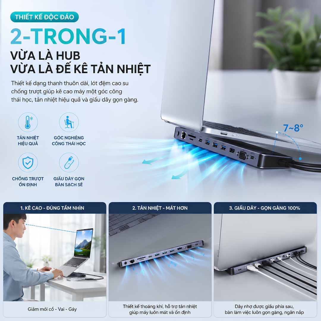 Hub Type-C PD 100W chuyển đa năng DockSphere Pro kiêm giá đỡ Choetech M20 Docking Station 11 in 1 USB-C cho Macbook/Laptop - HDMI 4K, VGA, PD 100W, RJ45 Gigabit, USB 3.0 5Gbps, SD/TF, AUX 3.5mm Vỏ nhôm, tối ưu tản nhiệt - Hàng nhập khẩu
