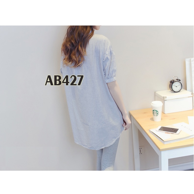 Áo Bầu Thô Karo Nhí Màu Xanh Nhạt Cổ Tàu Nữ Tính Ab427