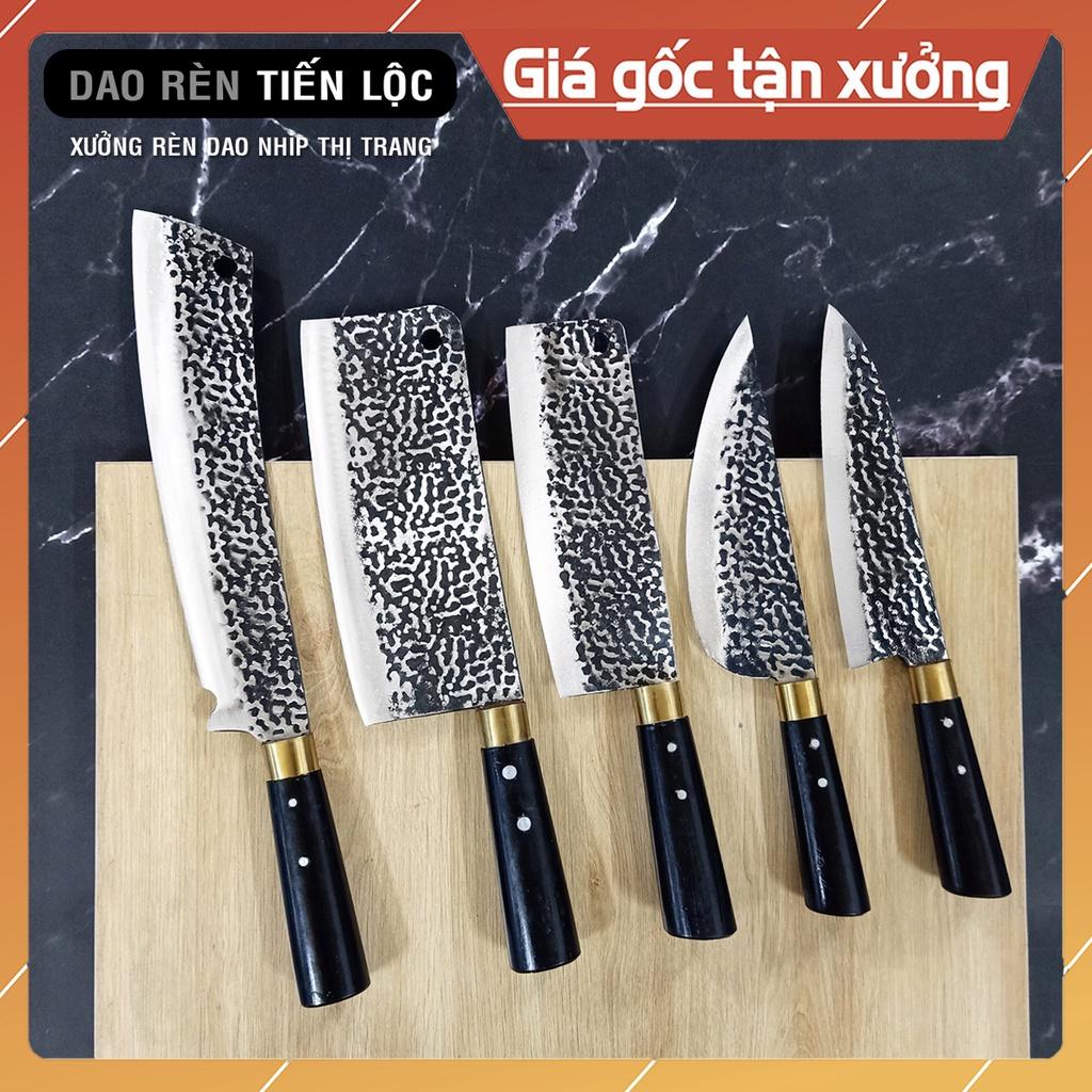 Bộ Dao Nhà Bếp Đa Năng 5 Món - Rèn Từ Thép Nhíp Dập Vân 2 Mặt, Dùng Chặt Cây, Chặt Xương, Thái Lọc Thịt