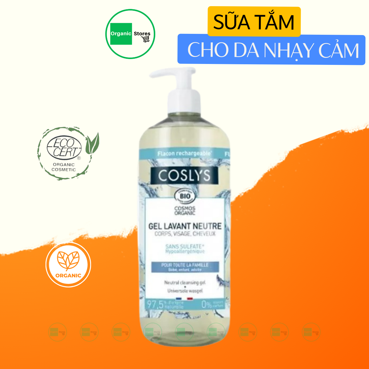 Sữa tắm hữu cơ dạng Gel chiết xuất Olive - Cỏ roi ngựa - Yến mạch cho da nhạy cảm 1L - Coslys