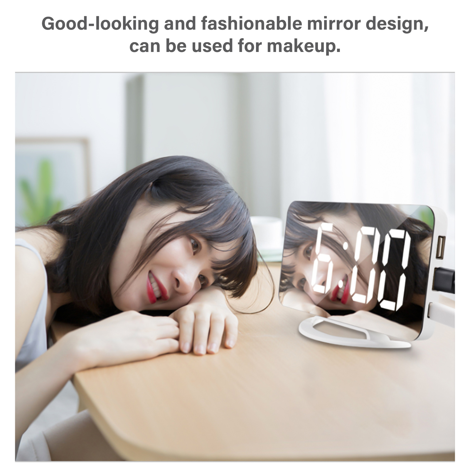 Đồng hồ báo thức rung kỹ thuật số với màn hình gương rõ ràng lớn có thể điều chỉnh Độ sáng, Cổng USB kép, Chế độ báo lại