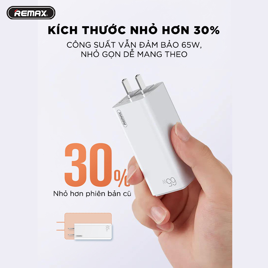 Sạc Nhanh Remax 65W GaN Công Nghệ Mới Siêu Nhỏ Mini, 2 Cổng Sạc Type C &amp; USB Chuẩn QC3.0/PD3.0, Sạc Cho Đa Thiết Bị Tất Cả Trong Một - Hàng Chính Hãng