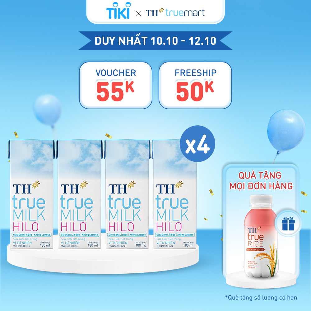 4 Lốc sữa tươi tiệt trùng TH True Milk HILO 180ml (180ml x 4 hộp)