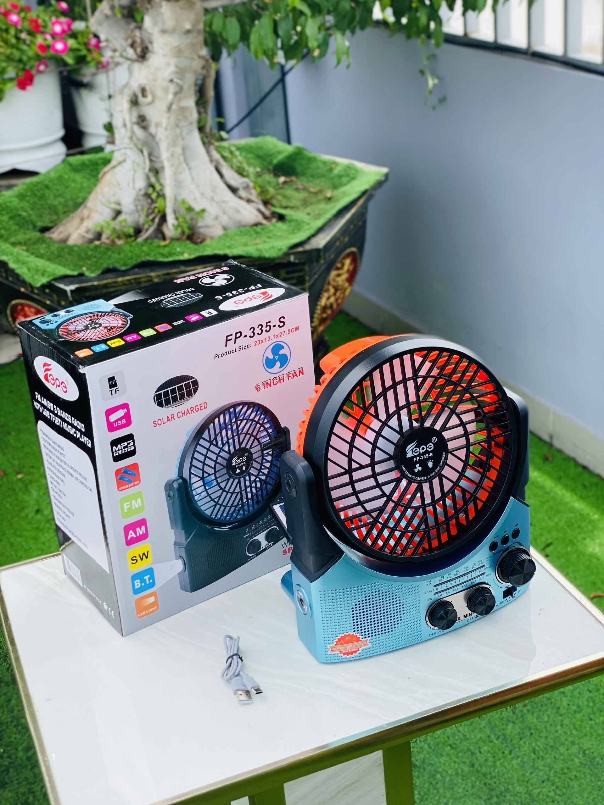Quạt Đa Năng 4in1 FP 335S Có Năng Lượng Mặt Trời  Kèm Loa Nghe Nhạc, Đài FM, Đèn Pin FM, USB, TF Tiện Lợi Du Lịch Cắm Trại Dã Ngoại Hàng nhập Khẩu