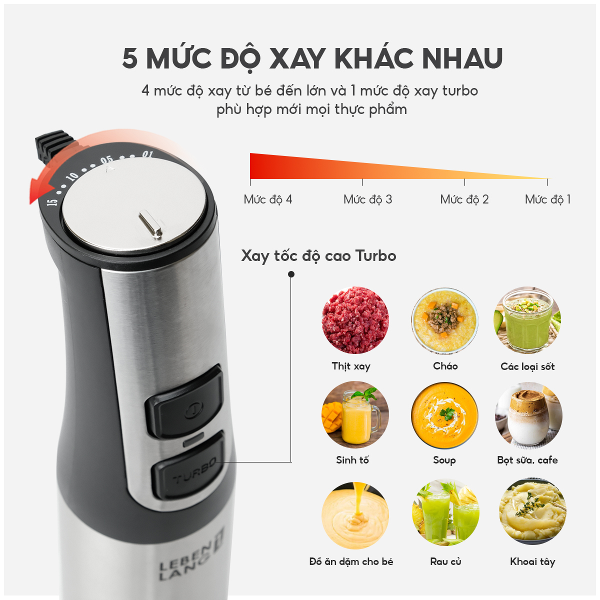 Máy xay sinh tố cầm tay đa năng Lebenlang LBL104, 1200W, 800ml, lưỡi dao 4 cánh, bảo hành 2 năm – hàng chính hãng
