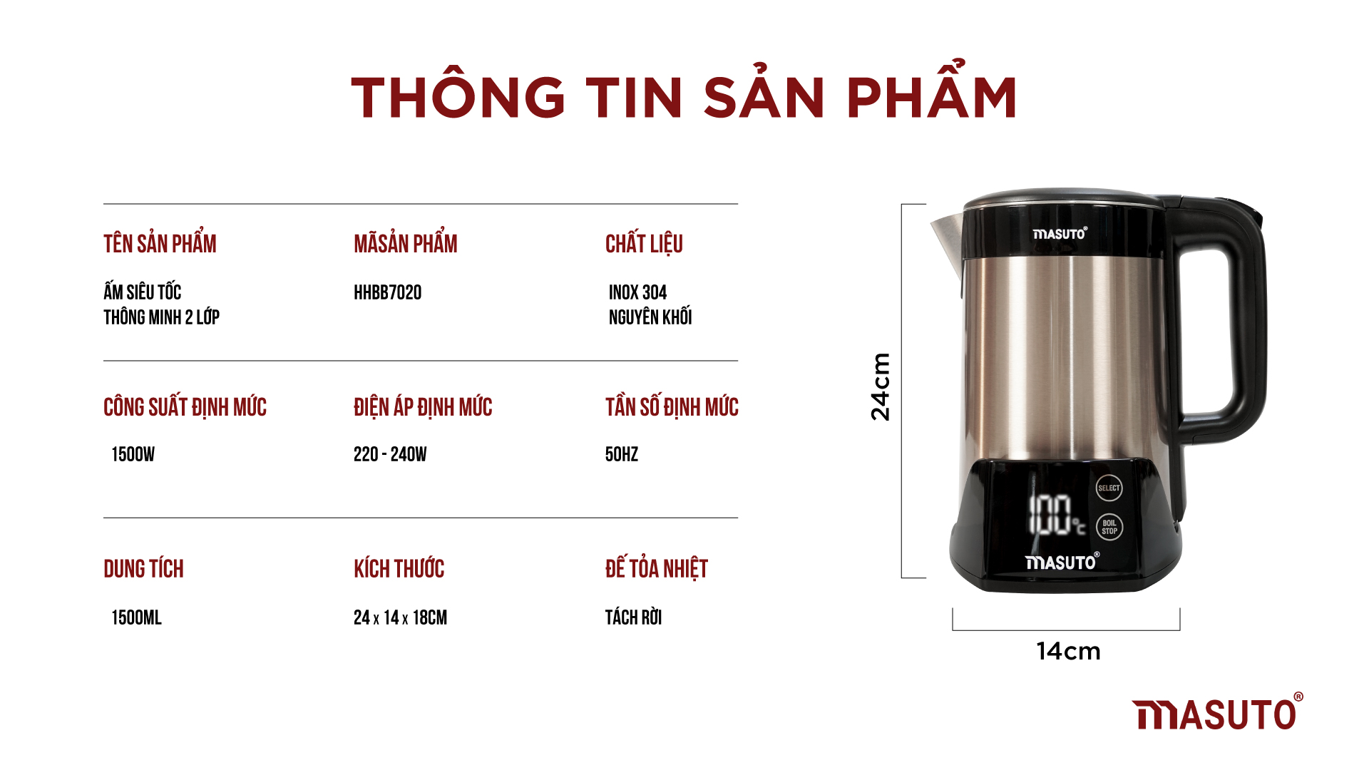 Bình ấm đun nước siêu tốc điện Masuto 1,7L giữ nhiệt tự động 2 lớp chống bỏng công nghệ Nhật Bản 2022-Hàng chính hãng