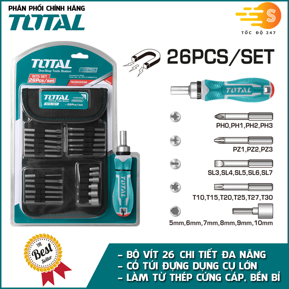 Bộ tua vít đa năng 26 chi tiết có túi đựng TOTAL TACSD30266 - Nhiều loại đầu vít, chất liệu thép chuyên dụng, tay cầm chắc chắn