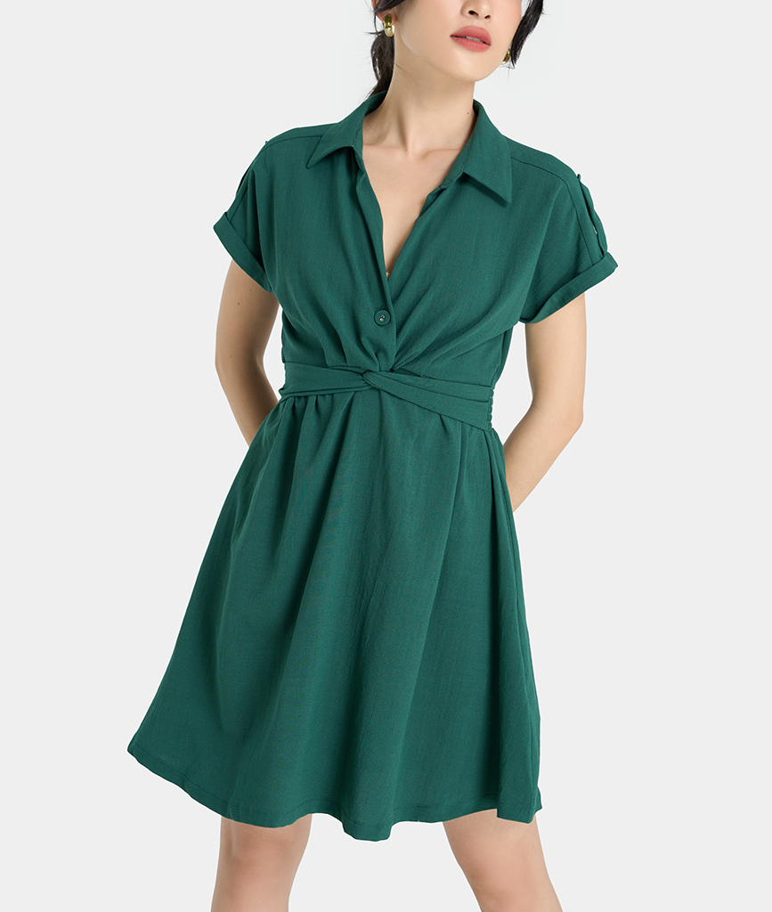 Đầm Ngẵn Nữ Thời Trang HNOSS Cổ Sơmi Tay Ngắn Xoắn Eo HNDLU056