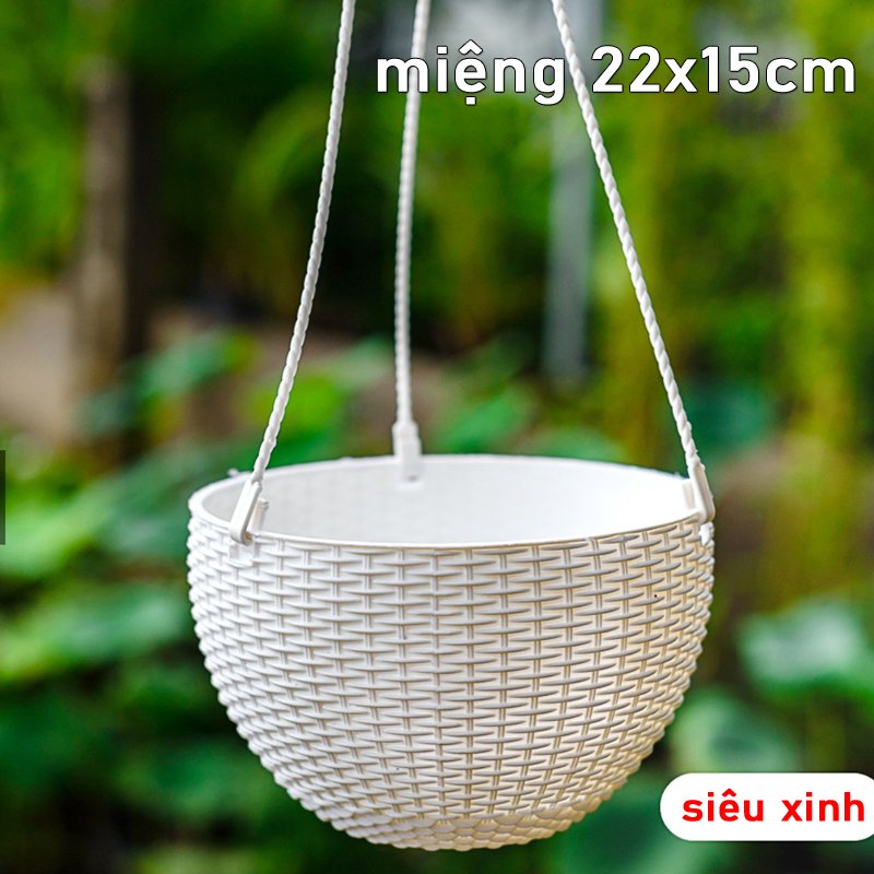 10 CHẬU nhựa treo đan mây,mẫu sang trọng,cứng dày (kèm dây treo) đường kính 22x15cm-77521