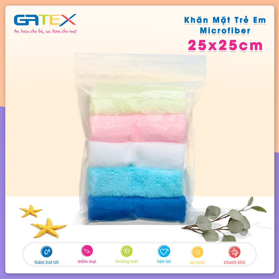 Set Combo Khăn Mặt Trẻ Em Microfiber 25x25cm GATEX Siêu Mềm Mịn, Siêu Thấm Hút