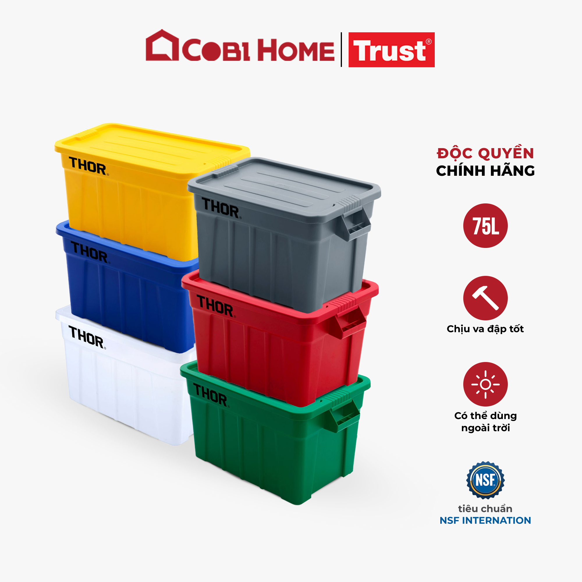 Thùng nhựa đa năng chịu lực THOR 75L thương hiệu TRUST 3012 (Kèm nắp) phân phối bởi Cobi Home.