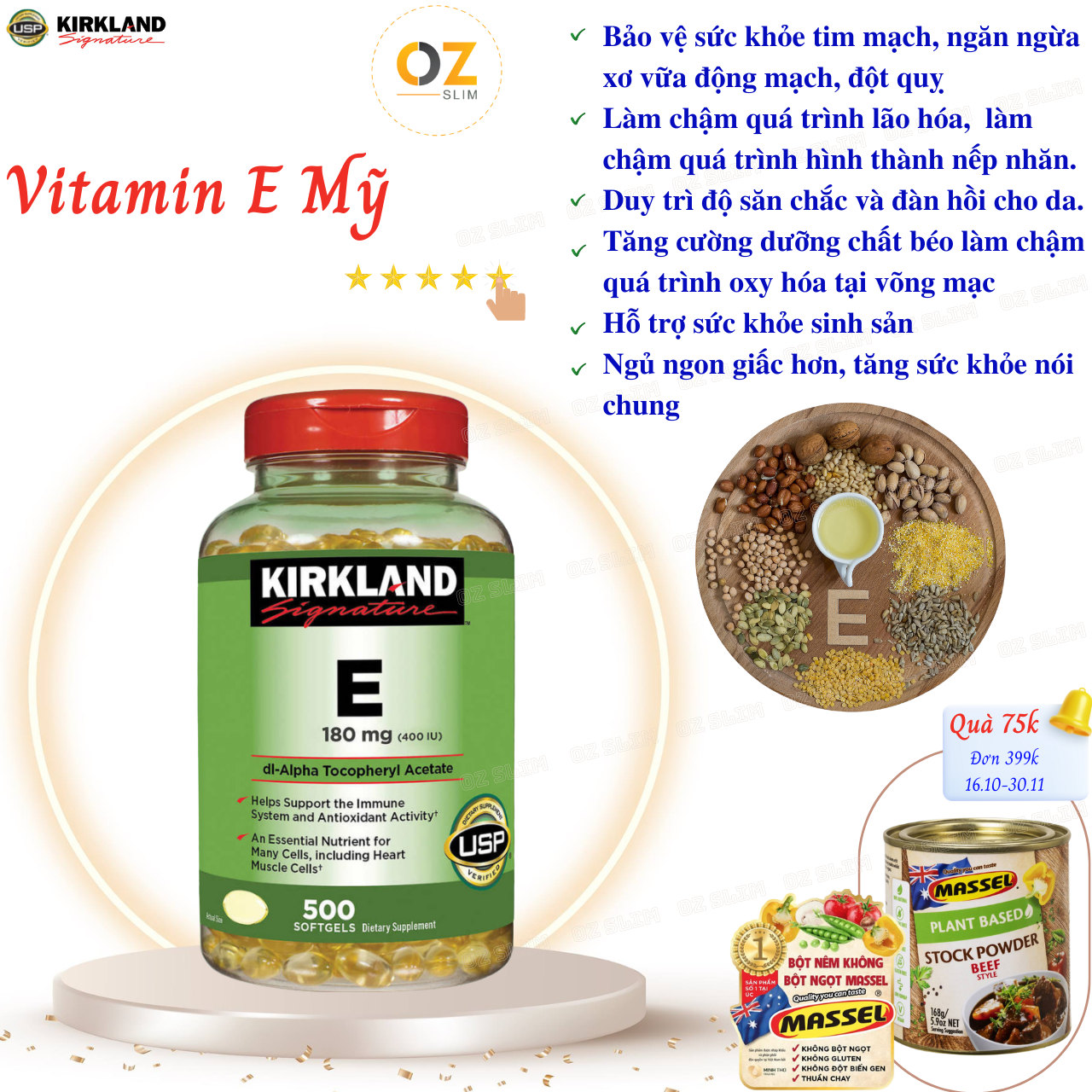 Vitamin E Mỹ Kirkland Signature Hỗ trợ hệ thống tim mạch khỏe mạnh, giúp làm đẹp da, mượt tóc và làm chậm quá trình lão hóa - OZ Slim Store