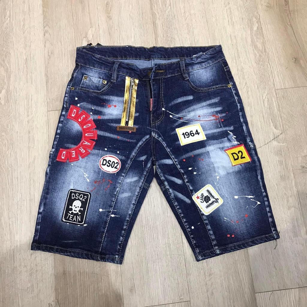 quần short jean nam xanh đen rách nhẹ khóa kéo thêu logo đẹp