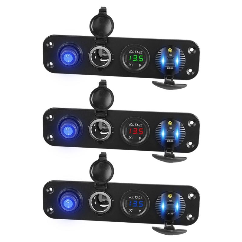 Xe QC3.0 USB TYPE C PD Bộ sạc nhanh LED Voltmeter 12v Outlet On-Off Switch Panel cho xe thuyền Marine RV Truck Camper