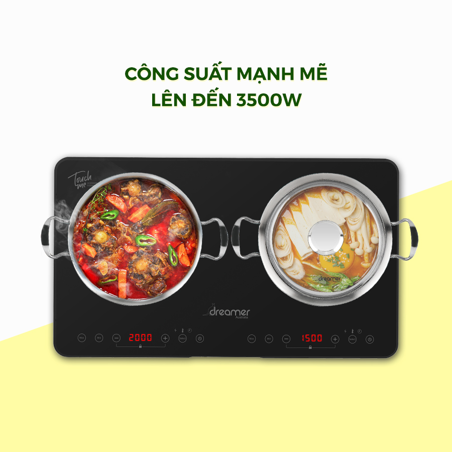 Bếp Từ Dương Đôi Dreamer DKA-DIC135B Công Suất 3500W, Chống Tràn, Cảnh Báo Nhiệt Dư, Khóa Trẻ Em, Cảm Ứng Sensor Touch