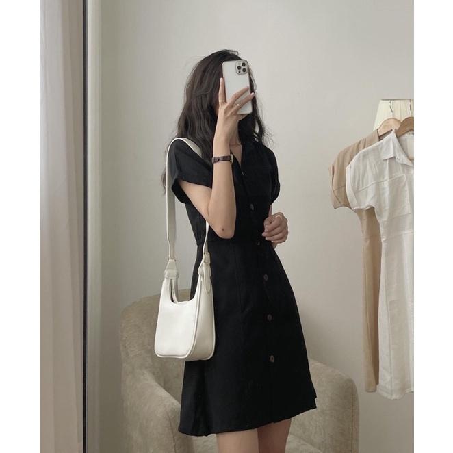 Váy sơ mi dài FORYOU đầm cổ đức cúc giữa 3 màu be, trắng, đen mặc đi làm, đi chơi - VN0076