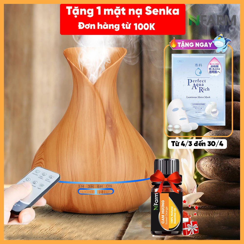 Combo máy khuếch tán, máy xông tinh dầu NFarm hình bình hoa + tinh dầu cam hương N'Farm (10ml)/ Phun sương sóng siêu âm/ Có remote điều khiển