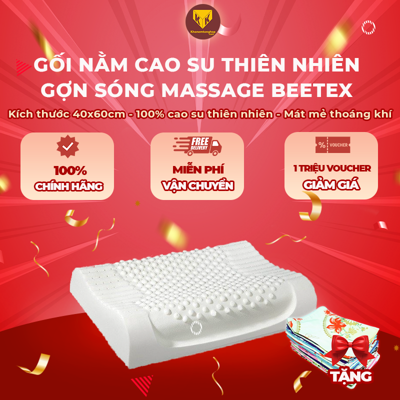 Gối cao su thiên nhiên Massage lượn sóng BEETEX ,thiết kế lượn sóng mang lại cảm giác thư giãn tối đa, hỗ trợ nâng đỡ vai gáy và cổ - Tặng kèm vỏ gối