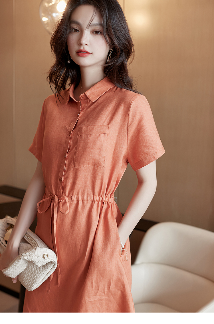 Váy sơ mi cộc tay,Đầm linen suông nữ thắt eo màu cam vintage ARCTIC HUNTER