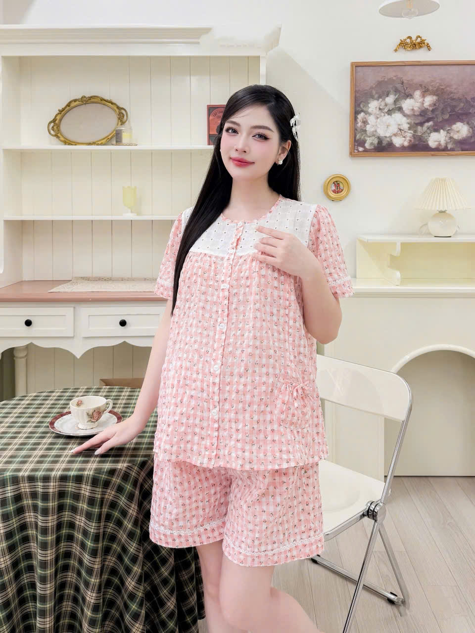 Bộ Sooc Đũi Nơ Tím Cho Mẹ Bầu. Chất đũi siêu nhẹ, mềm, thấm hút mồ hôi