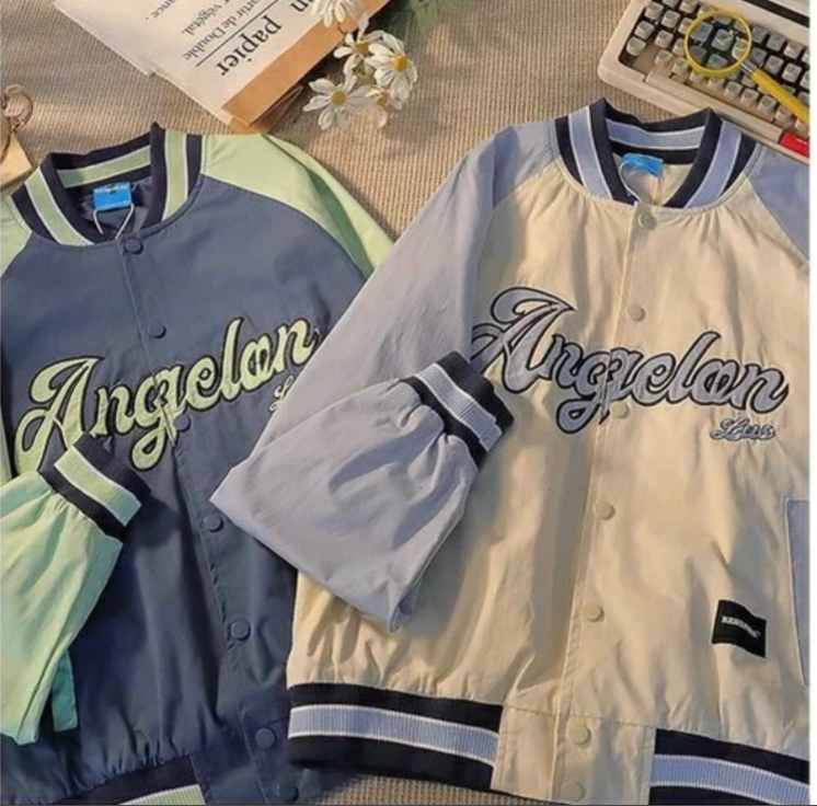 Áo khoác dù bomber angeland, Áo khoác bóng chày form rộng phối màu siêu cute phon cánh dơi lót das tay phối viền cổ đẹp