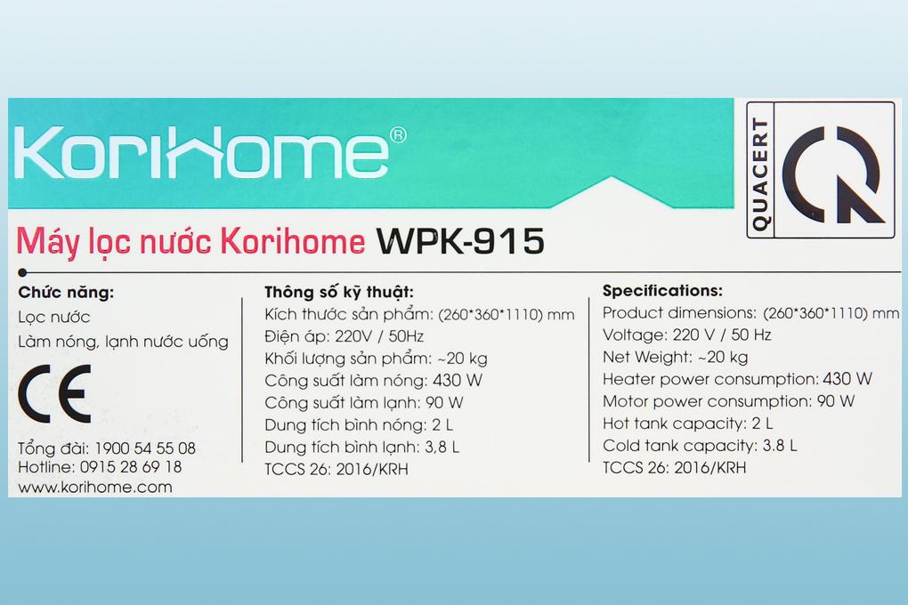 Máy lọc nước tích hợp nóng lạnh Korihome Series 9 WPK-915 - Hàng chính hãng