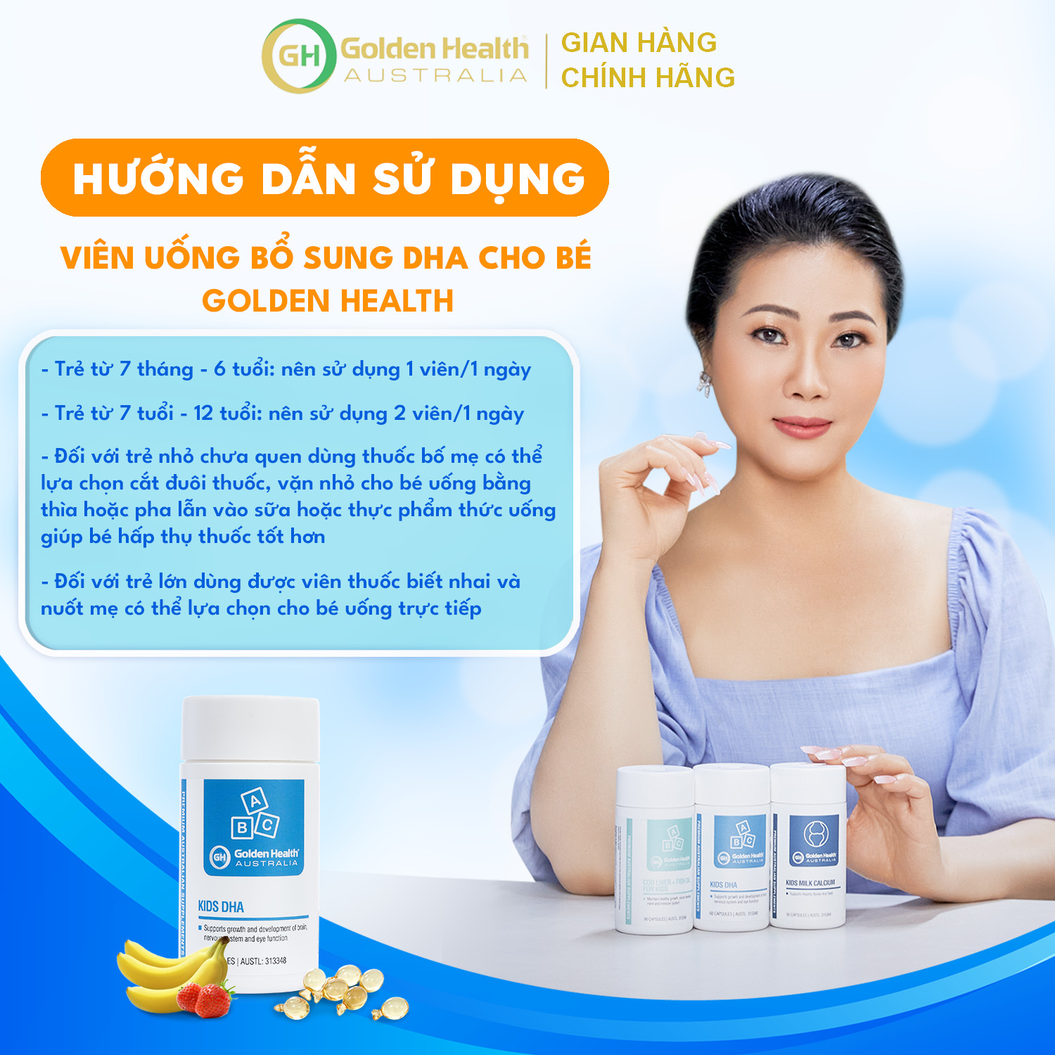 Viên Uống Hỗ Trợ Phát Triển Trí Não Cho Bé Từ 7 Tháng Tuổi Đến 12 Tuổi Golden Health Kids DHA Hộp 60 Viên