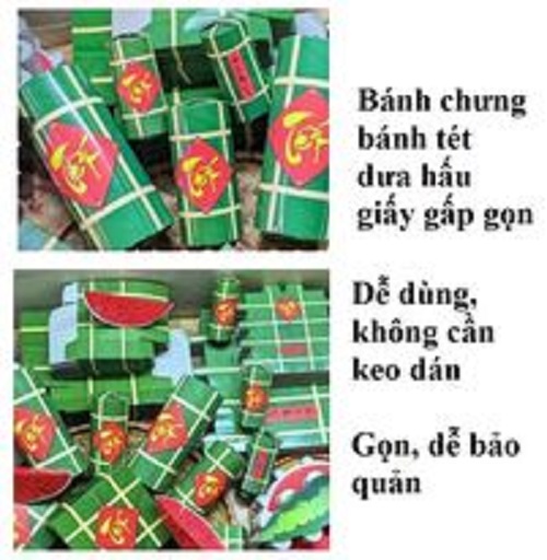 Bánh chưng bánh tét miếng dưa hấu trang trí Tết gấp gọn.