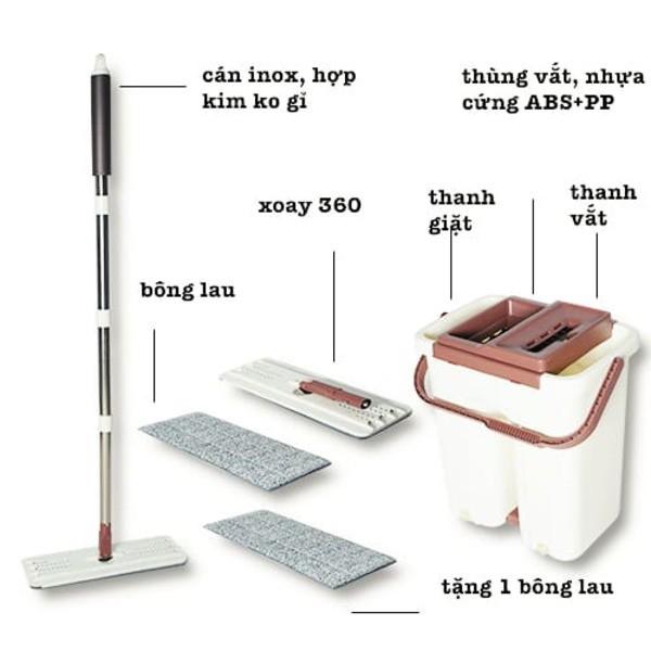 Thùng lau nhà thông minh đa năng 360 loại cao cấp thế hệ mới (LOẠI THÙNG BẸ LỚN) 2 ngăn tự vắt tặng kèm 2 bông lau bẹ lau