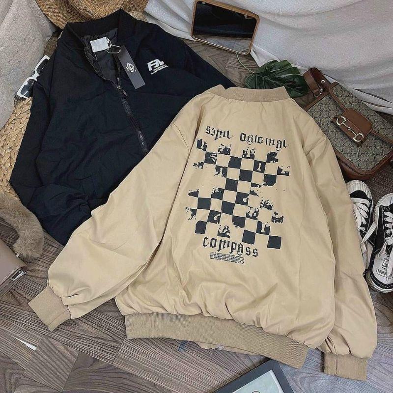 (Ảnh thật) Áo khoác da lộn 2 lớp FM carô form rộng kiểu bomber bóng chày unisex nam nữ che nắng mưa phong cách hàn