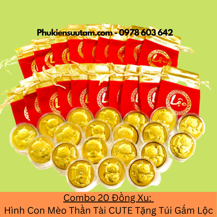 Combo 20 Đồng Xu Hình Con Mèo Thần Tài CUTE Tặng Túi Gấm Lộc, đường kính: 4cm, màu vàng - SP005931