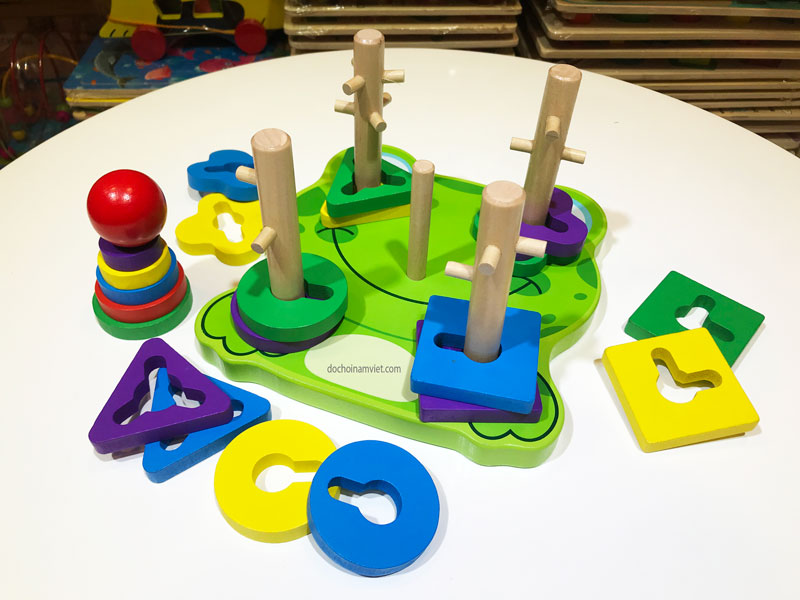 Trụ ghép hình khối 3D hình ếch con, đồ chơi tư duy trí tuệ cho bé bằng gỗ