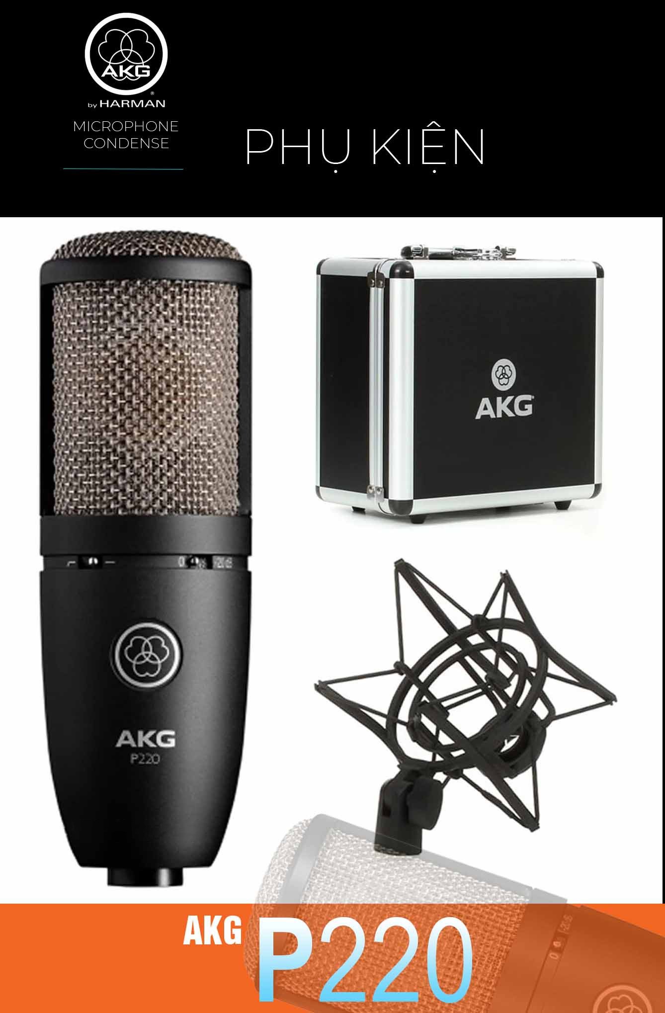 Micro thu âm AKG P220 - Mic thu âm cao cấp dành cho phòng thu, nhạc cụ, livestream chuyên nghiệp - Chính xác tuyệt đối, cắt tần tốt, lọc tạp âm tối ưu - Thiết kế sang trọng, chắc chắn - Kết nối với sound card, mixer, PC dễ dàng - Hàng chính hãng