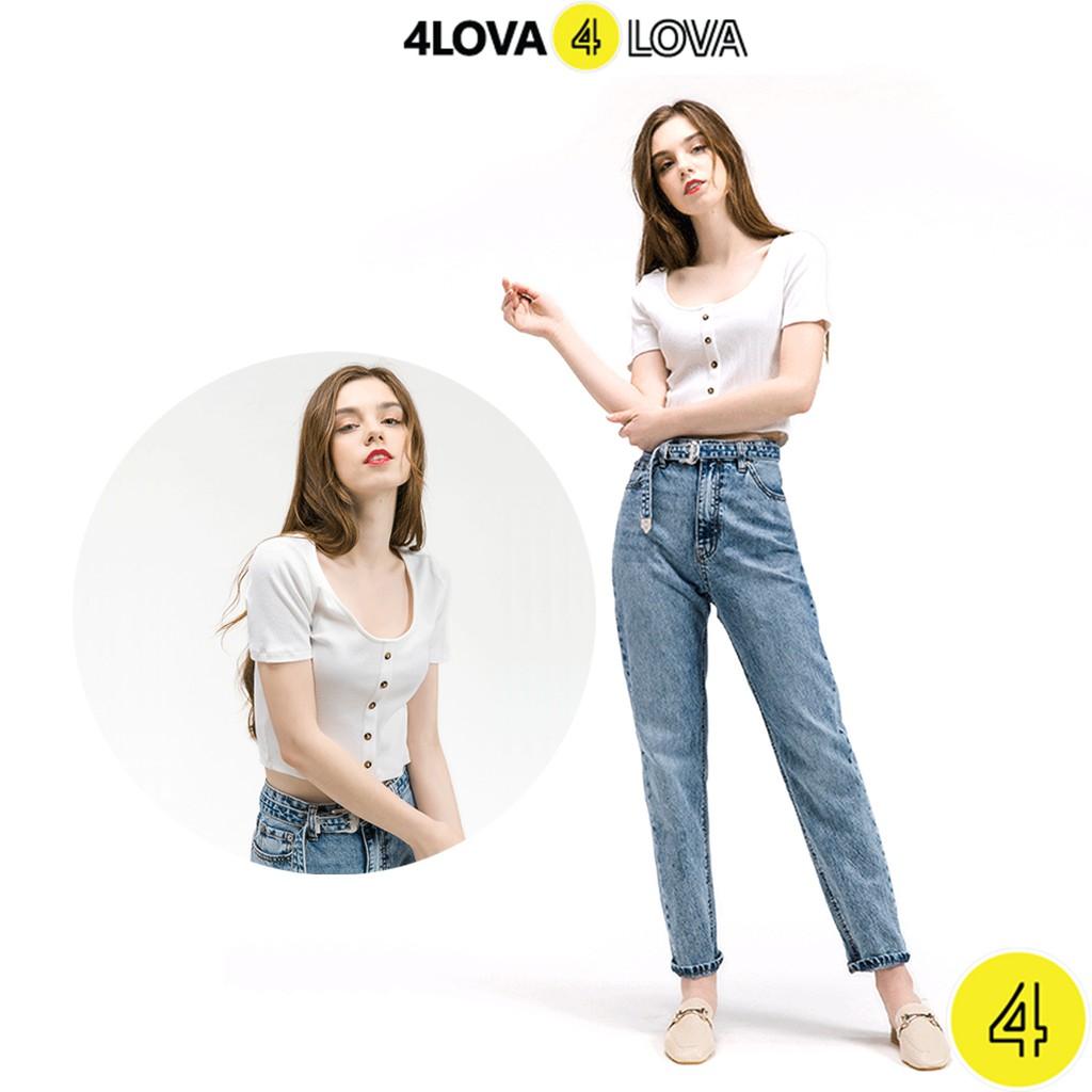 Áo croptop cộc tay 4LOVA cổ vuông phối cúc ngực màu trơn năng động