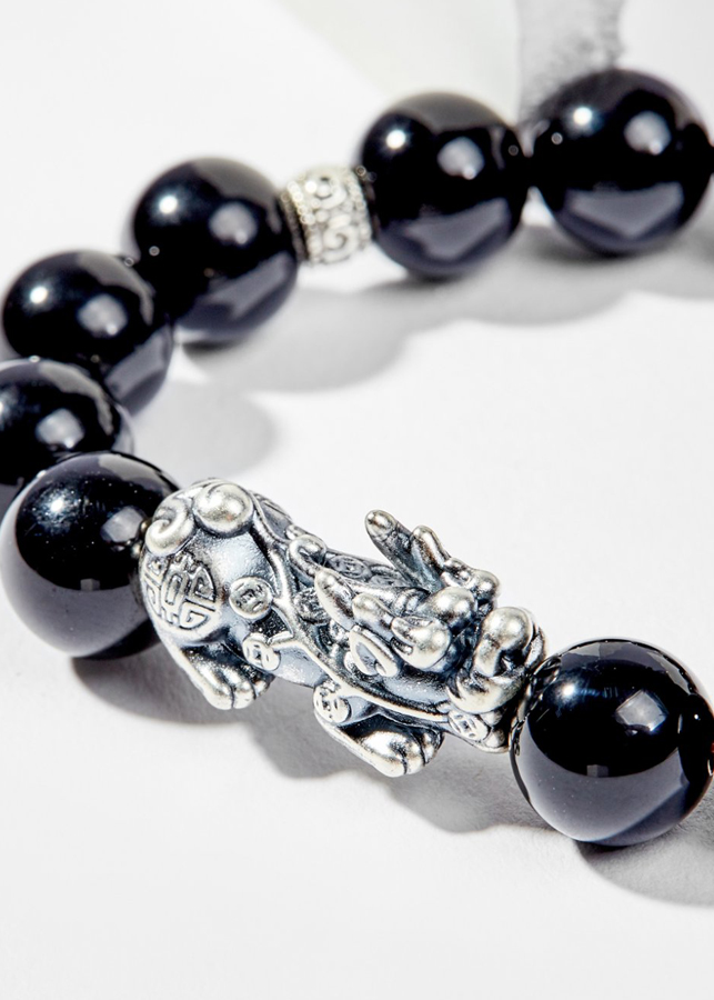 Vòng Tay Phong Thủy Đá Obsidian Phối Charm Tỳ Hưu Bạc  Mệnh Thủy, Mộc Ngọc Quý Gemstones