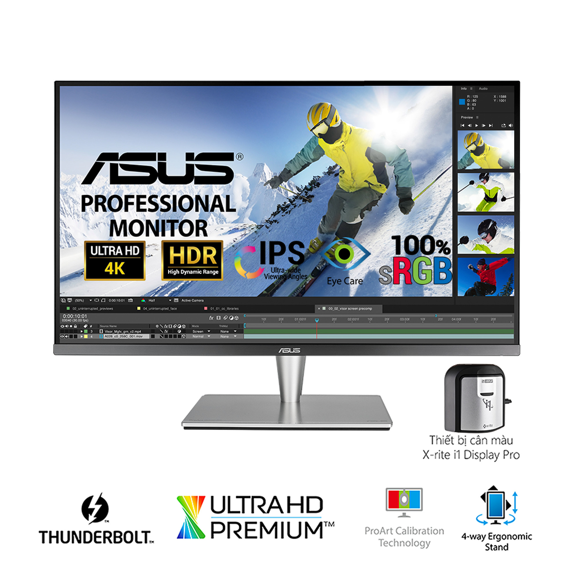 Màn Hình Đồ Họa Chuyên Nghiệp ASUS ProArt PA32UC-K 32'' 4K (3840 x 2160) Professional Thunderbolt 3 Ultra HD Premium IPS/HDR1000/384 Zones Local Dimming/99.5% Adobe RGB/95% DCI-P3/X-Rite i1 Display Pro/Stereo RMS - Hàng Chính Hãng