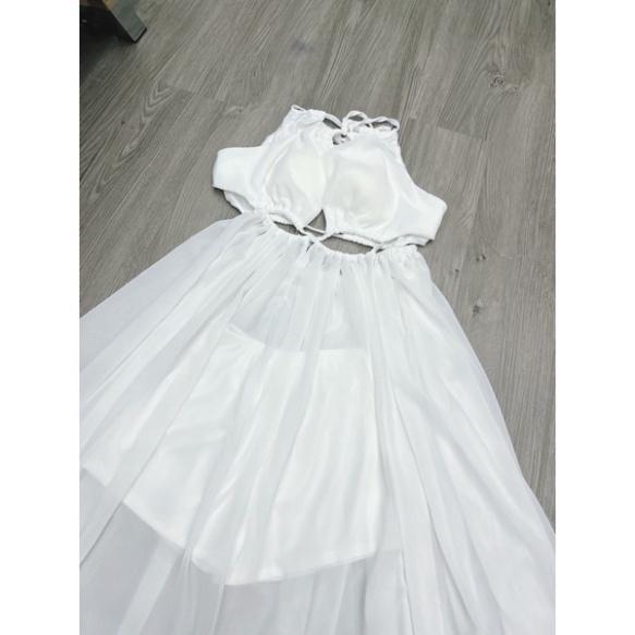 Đầm váy Maxi voan lót lụa xẻ tà khoét ngực cổ yếm cột dây trắng đi biển dự tiệc dạo phố bigsize gợi cảm sexy
