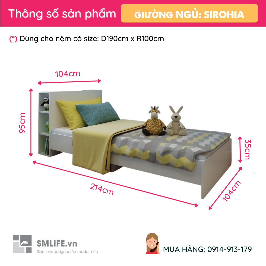 Giường ngủ gỗ hiện đại SMLIFE Sirohia | Gỗ MDF dày 17mm chống ẩm | D214xR104xC95cm